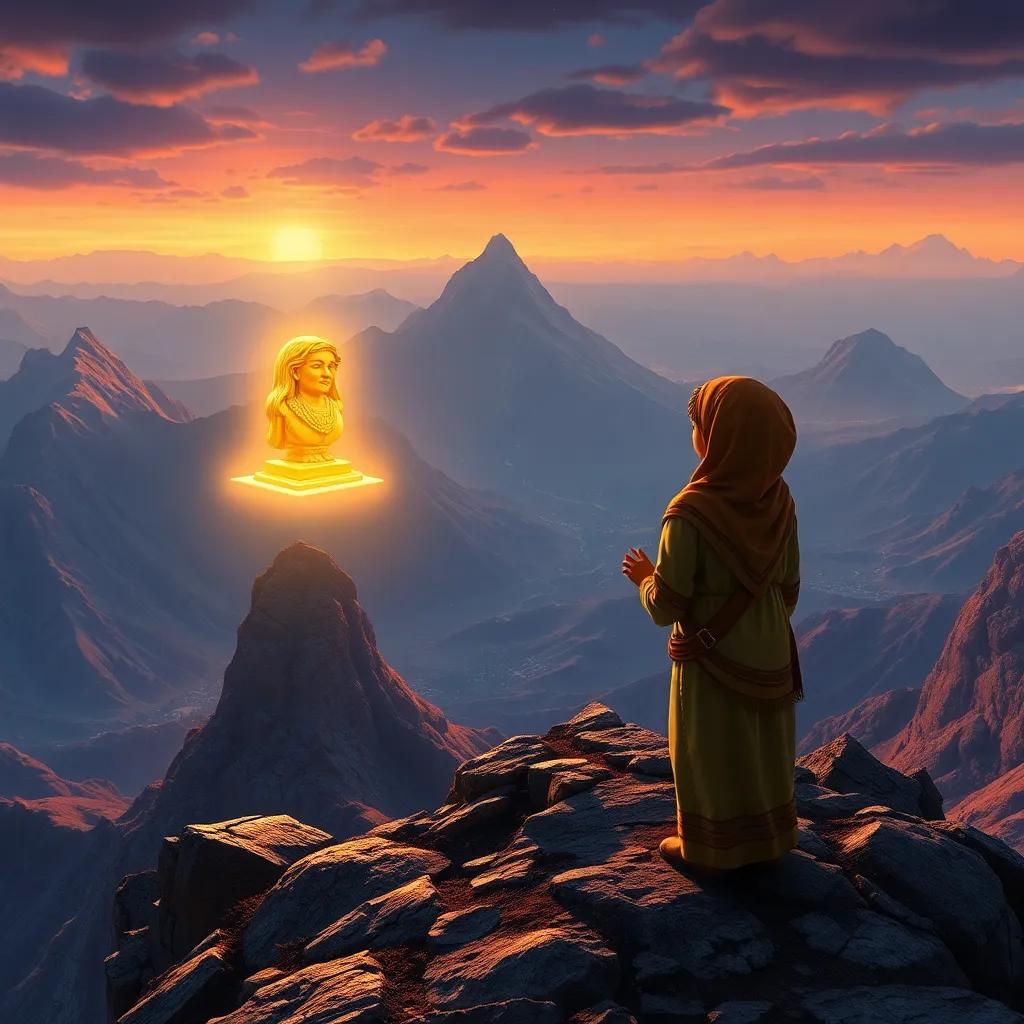 Sami at the mountain's peak, discovering a hidden treasure, an ancient gold sculpture glowing with magical light, surrounded by a breathtaking view of the valley below, digital art, rich colors, fantasy atmosphere, captivating