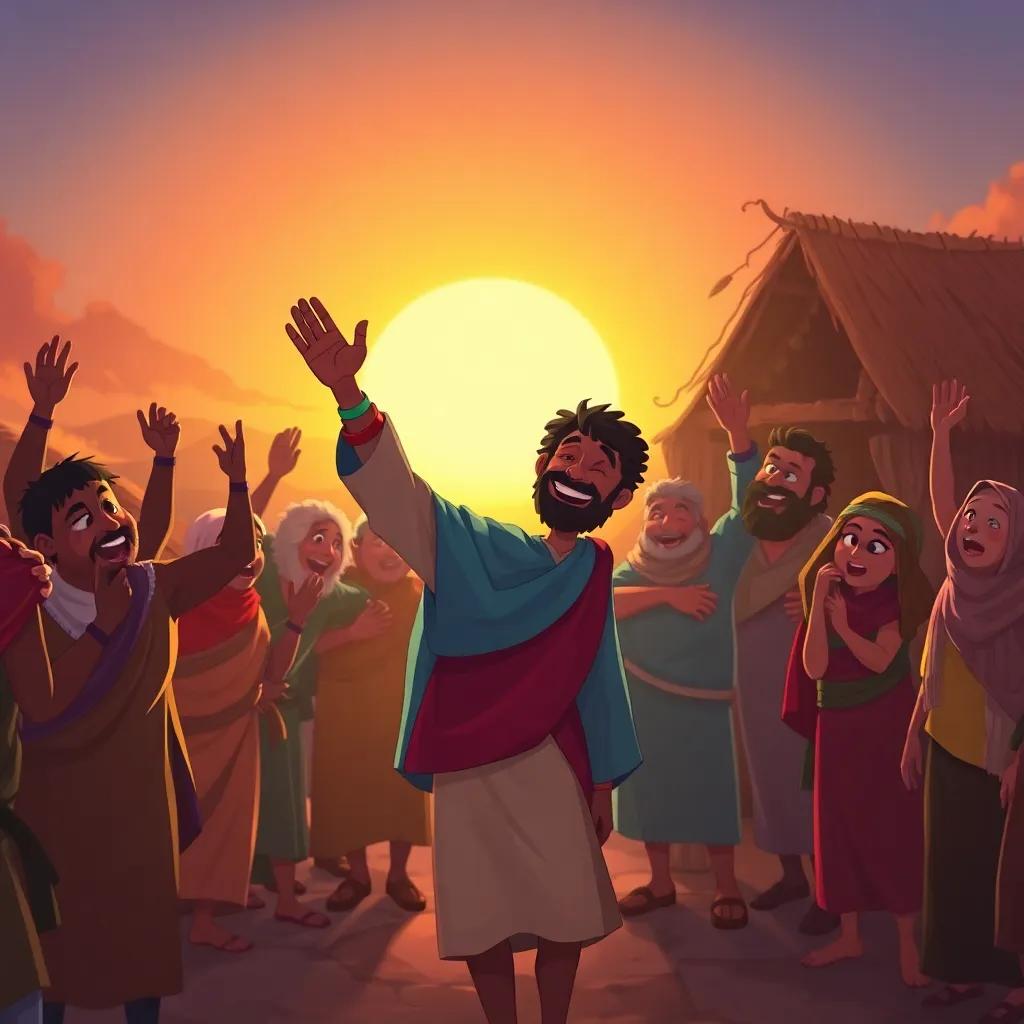 Sami returning to his village, surrounded by amazed friends celebrating his victory, a warm sunset behind them, joy and excitement in the air, illustration, colorful and uplifting vibe, heartwarming