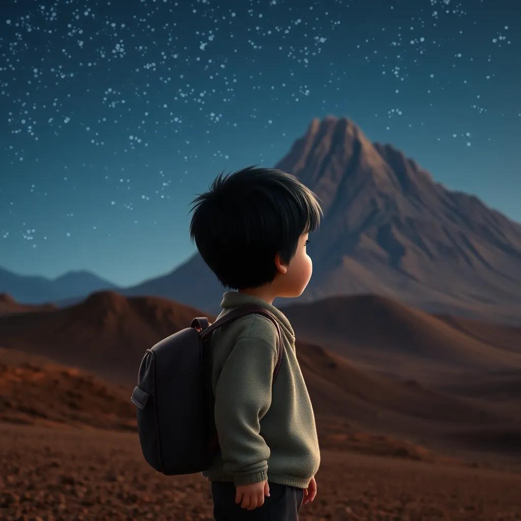 A small boy, Sami, with short black hair wearing simple clothes and a backpack, gazing at a sad mountain covered in dirt and rock, night sky filled with stars, digital art, warm colors, inviting atmosphere, high quality