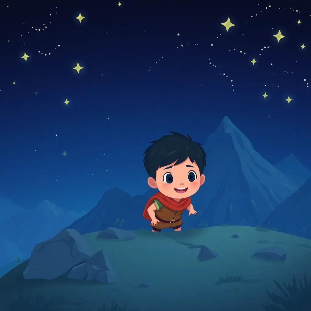 Sami, a small boy with short black hair and simple clothes, sneaking into a mountain at night, surrounded by sparkling stars and a refreshing breeze, vivid illustration, cheerful atmosphere, high quality