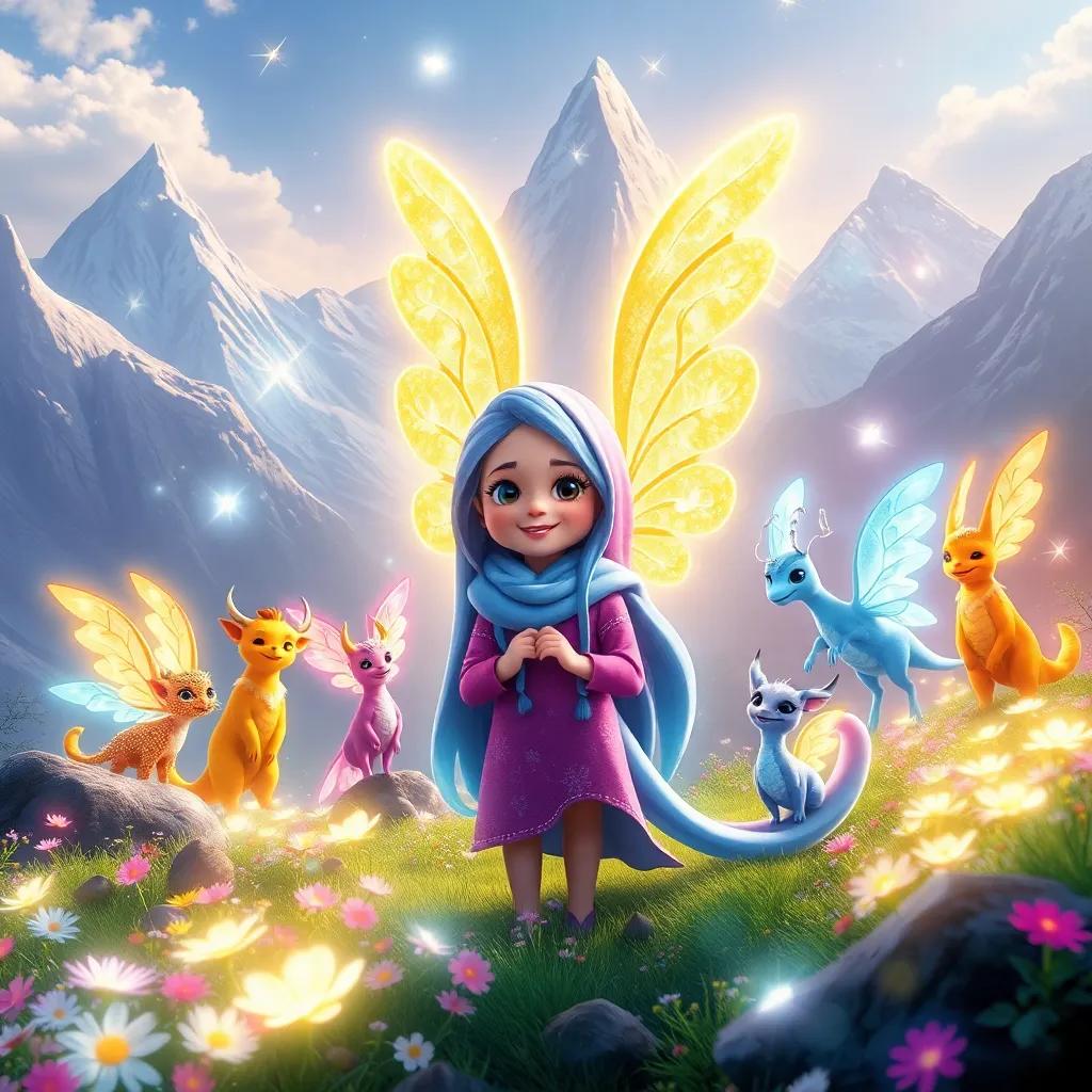 Magical creatures in various colors, with sparkling wings surrounding Sami in a majestic mountain setting, glowing flowers and bright scenery, whimsical art, vibrant colors, joyful mood, high quality