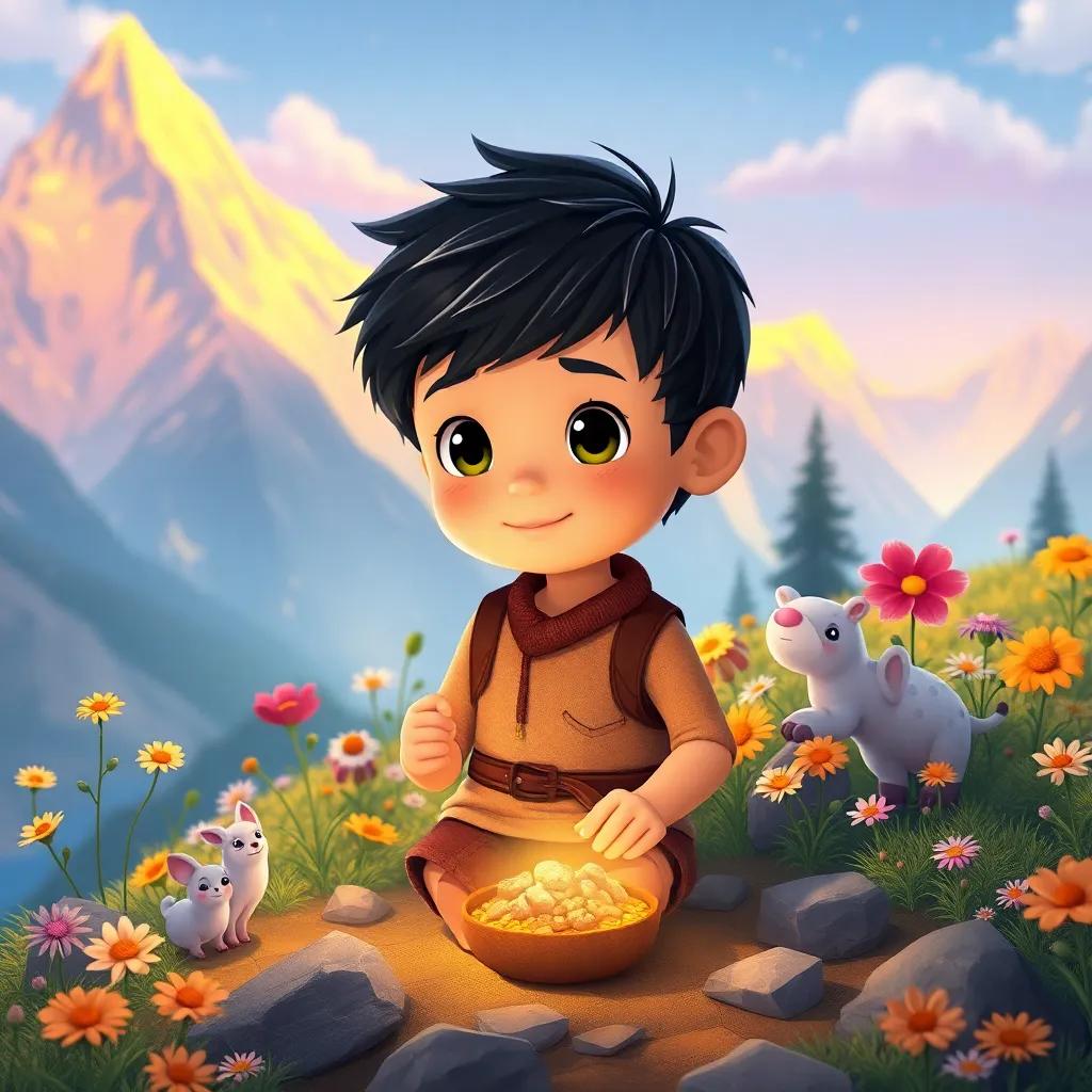 Sami, a small boy with short black hair in simple clothes, collecting treasures like beautiful animals and rare flowers in a glowing mountain landscape, whimsical style, cheerful details, high quality