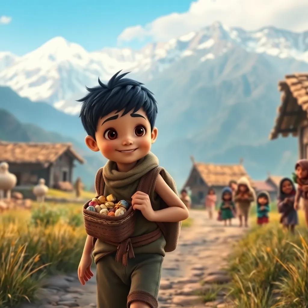 Sami, a small boy with short black hair in simple clothes, returning to his village with a backpack full of treasures, greeted with joy by villagers, stunning mountain backdrop, heartwarming scene, warm colors, high quality
