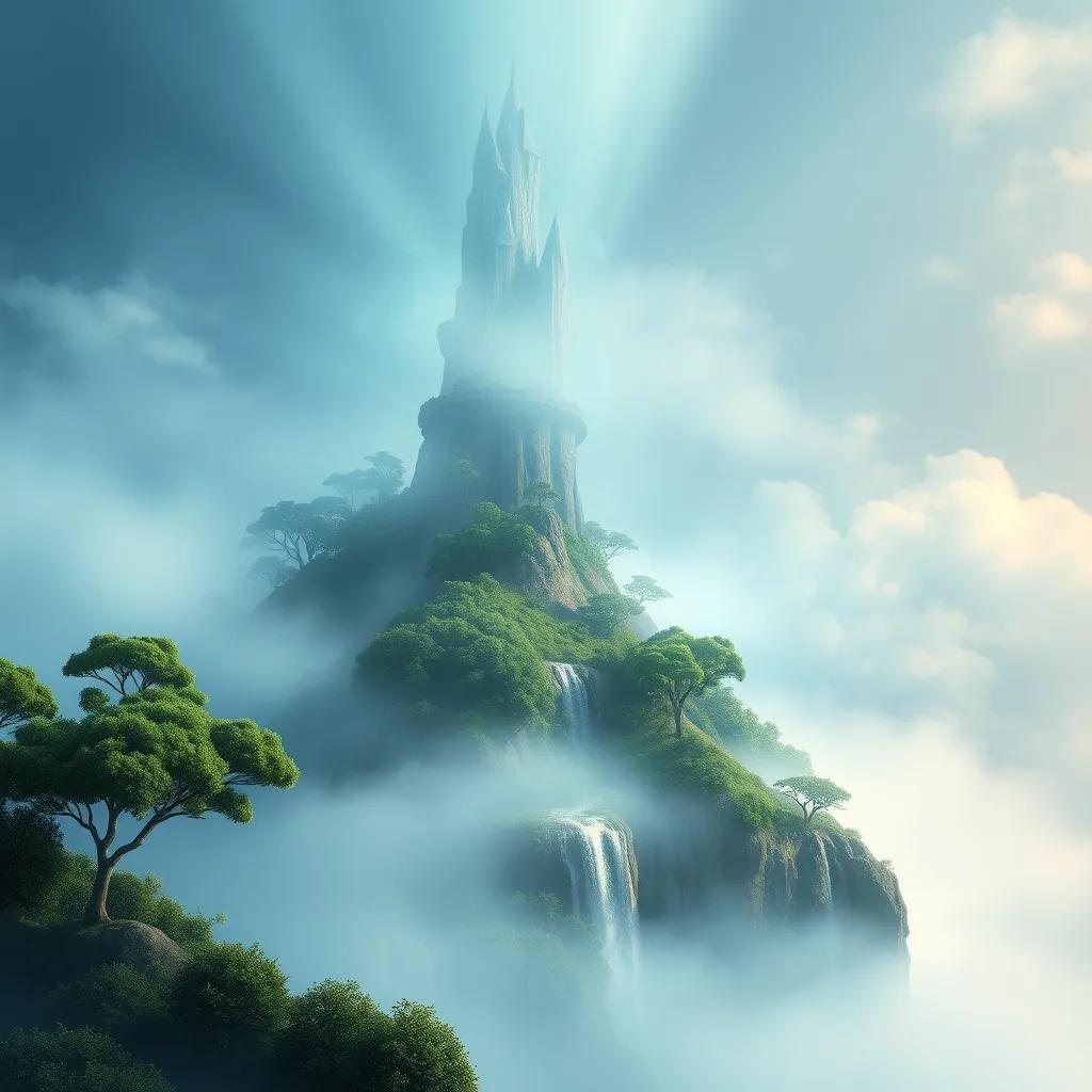 A mysterious island emerging from the mist with lush green trees and sparkling waterfalls, bright colors, digital art, magical atmosphere, high quality