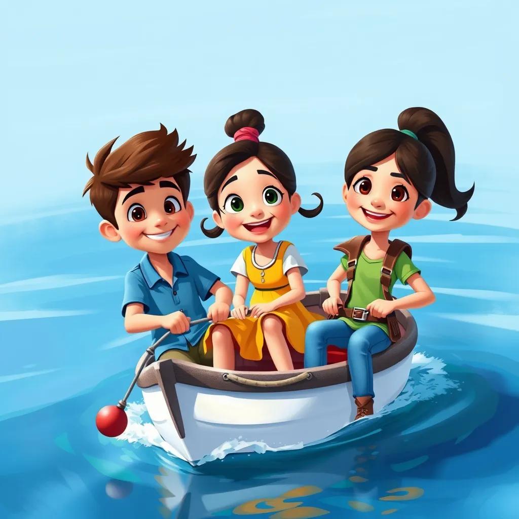 Three friends: Sami, a tall boy with brown hair wearing a blue shirt, Lin, a smart girl in a yellow dress, and Nada, a brave girl in jeans and a green shirt, sailing on a small boat in calm blue waters, cheerful and adventurous, digital painting, vibrant colors