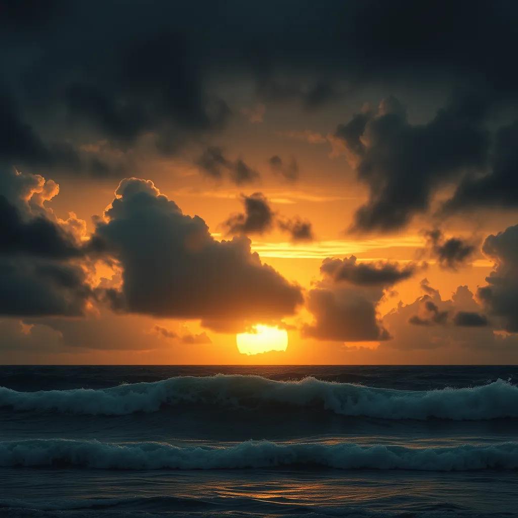 Dark clouds gathering in the sky as the sun starts to set behind the waves, foreshadowing an approaching storm, dramatic lighting, high quality