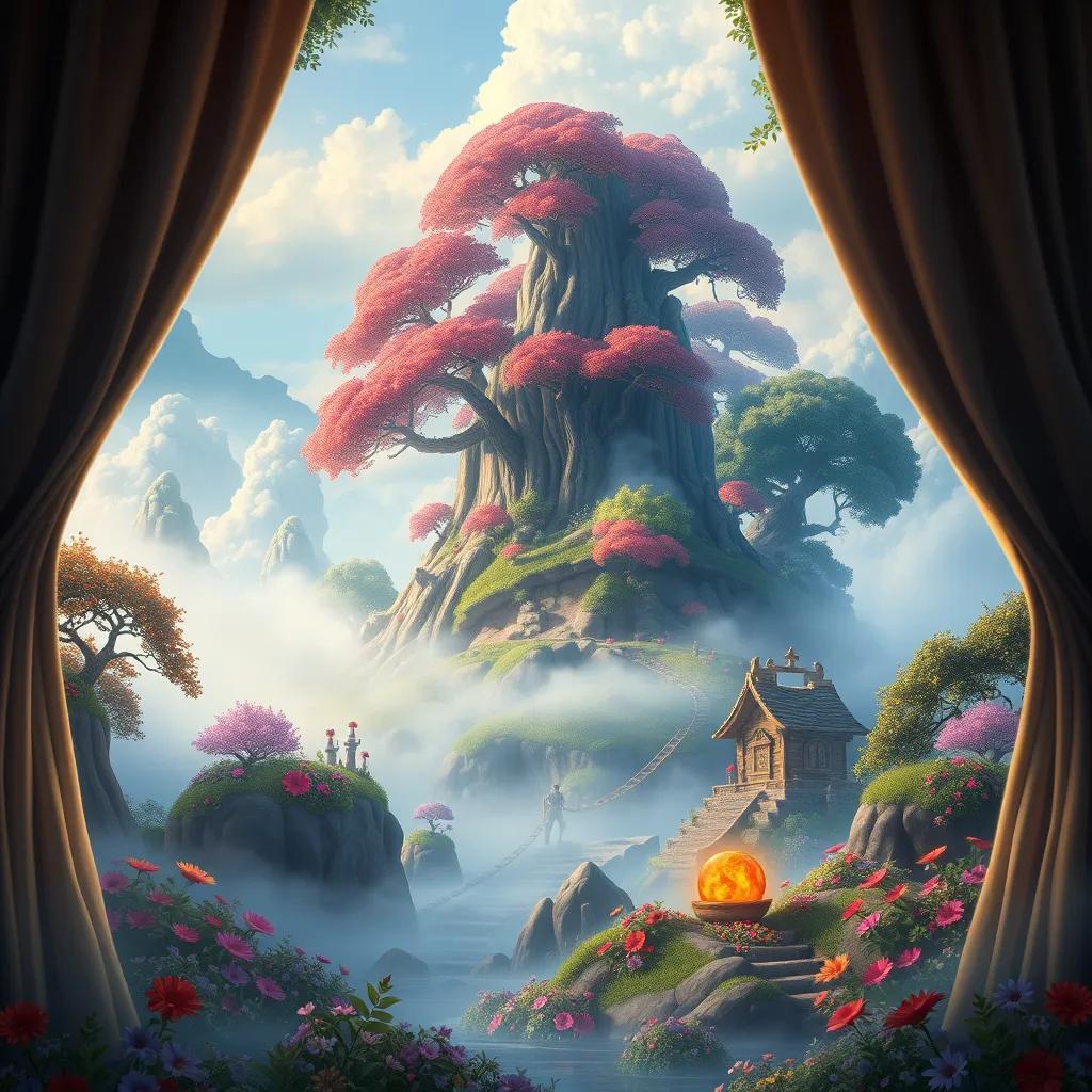 The magical island revealed behind a curtain of mist, filled with trees, colorful flowers, and vibrant treasures, enchanting atmosphere, rich colors, fantasy style, high quality