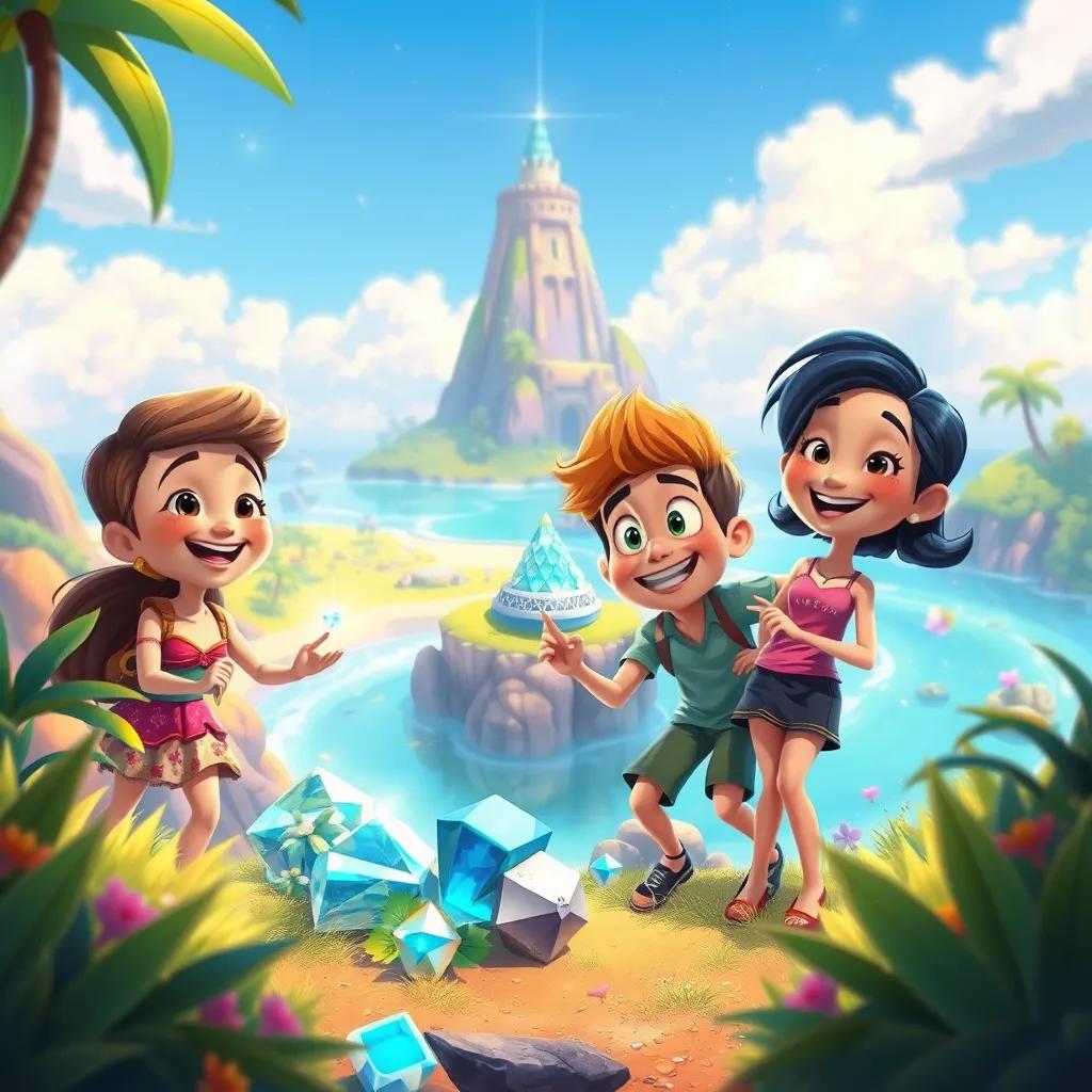 The friends exploring the island, discovering sparkling gems and beautiful treasures, expressions of joy and wonder, colorful landscape around them, bright and cheerful, digital art, high quality