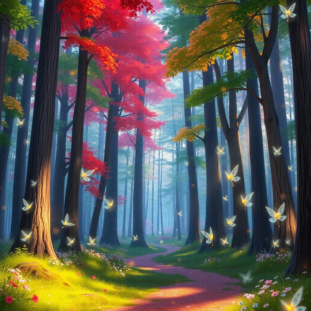 A beautiful forest with tall, colorful trees, filled with sparkling fairies dancing joyfully, vibrant colors, enchanting atmosphere, magical lights