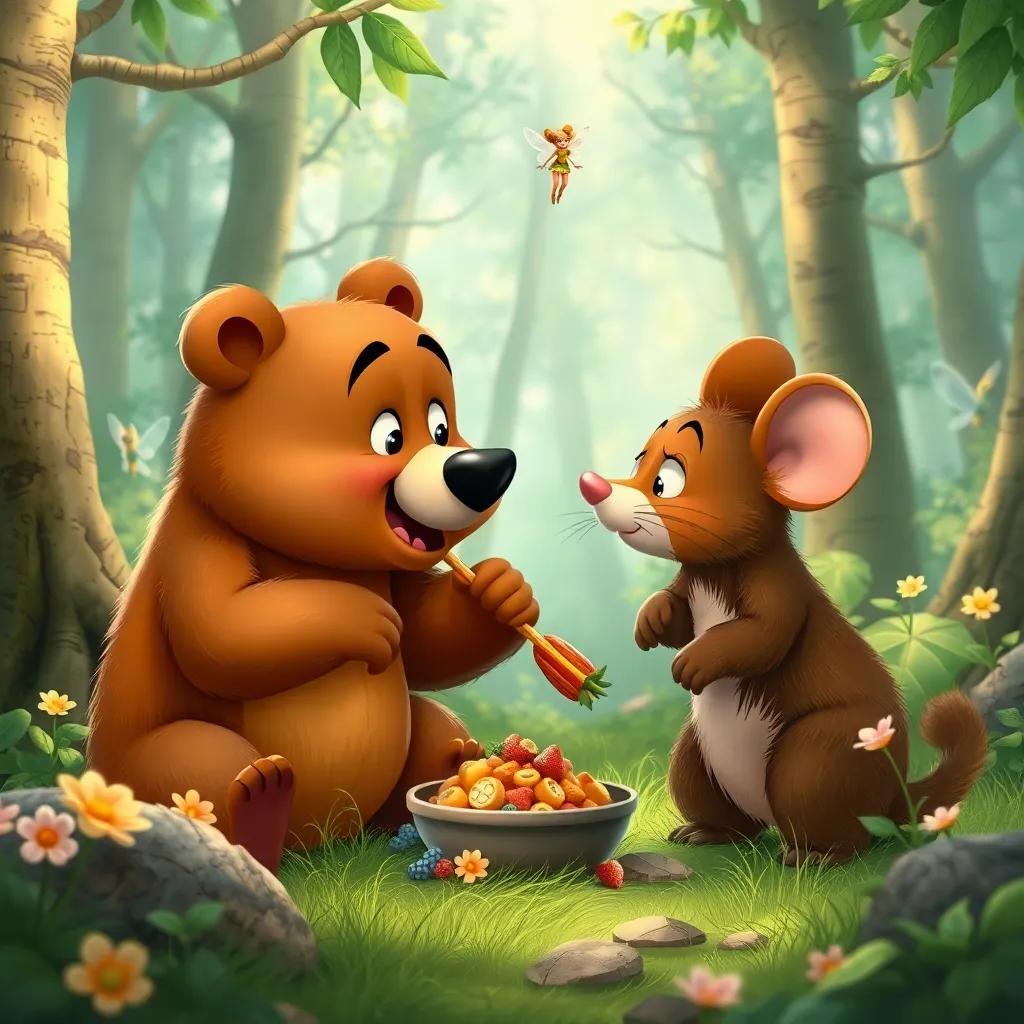 Two animals, a bear and a mouse, arguing over food in a lush forest, the fairies watching worriedly as they hover nearby, cartoonish style, child-friendly
