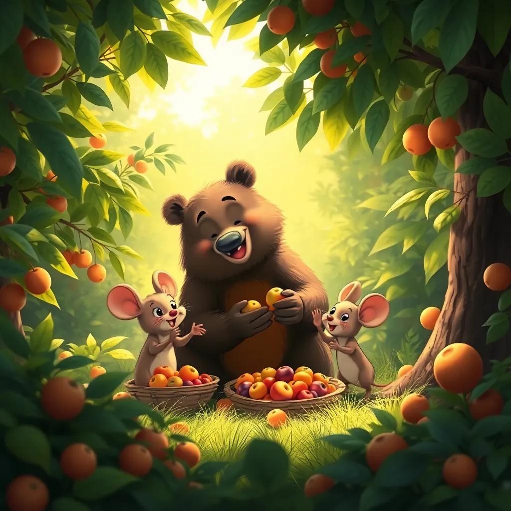 The bear and the mouse happily working together, collecting fruits and nuts, lush greenery all around, warm sunlight filtering through the leaves, cheerful scene