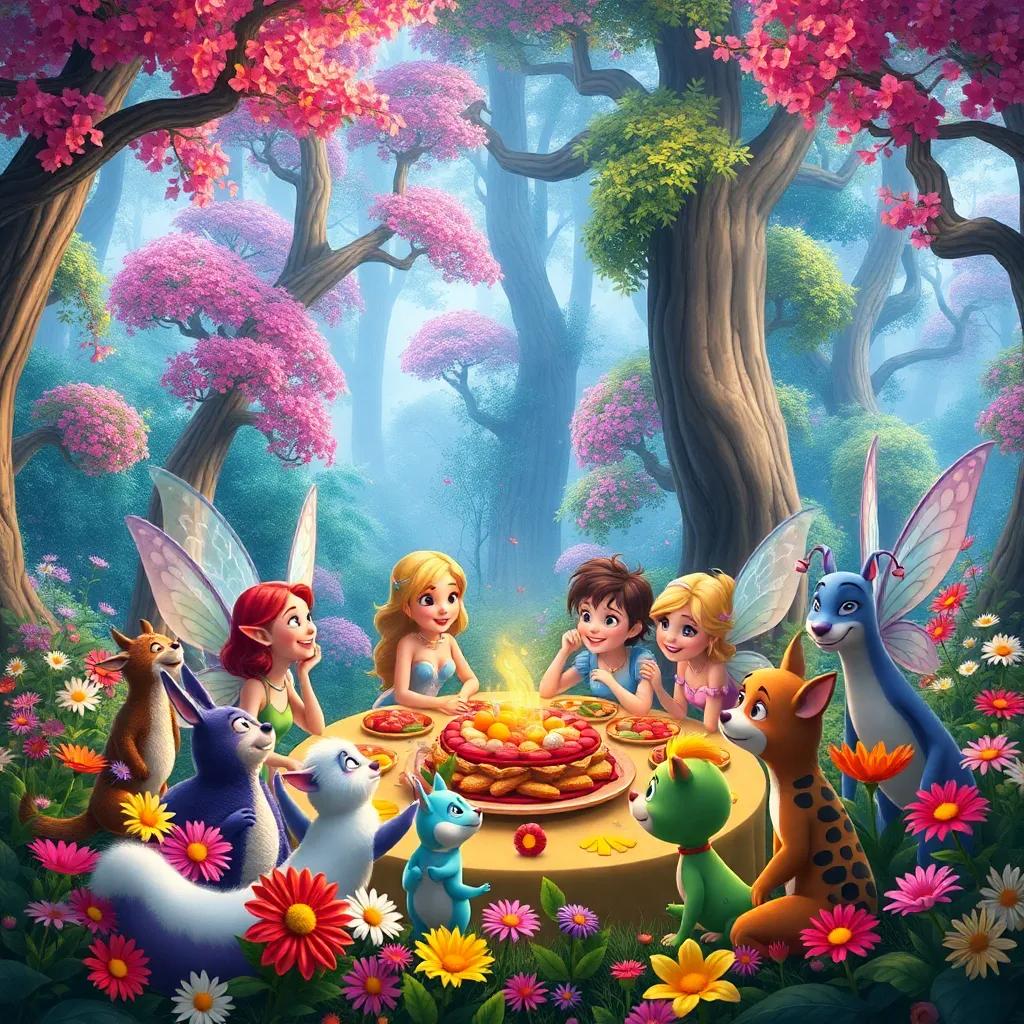 The fairies and animals celebrating in a beautiful forest, surrounded by colorful flowers and trees, everyone smiling and enjoying a feast together, vibrant and happy atmosphere