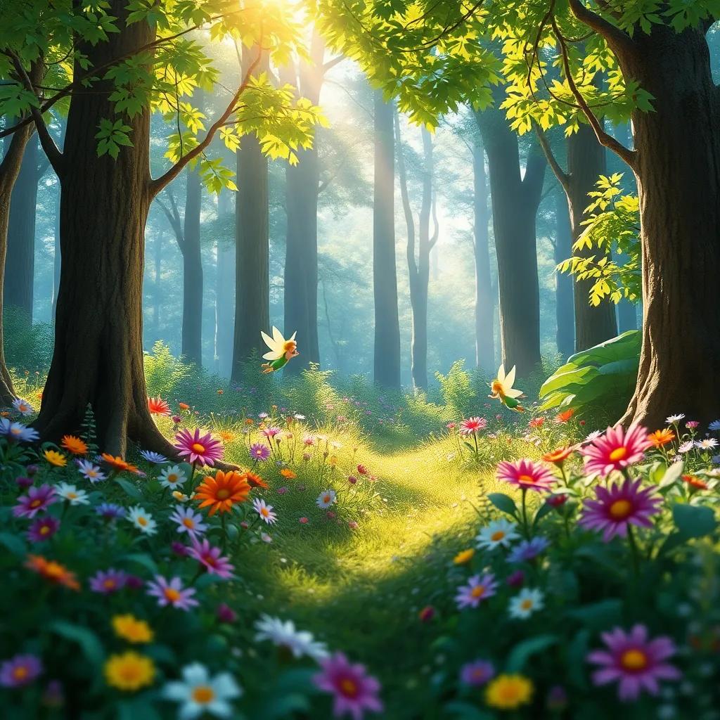 A beautiful forest with colorful flowers and tall trees, three small fairies flying happily among the leaves. The sunlight filters through the branches, creating a magical atmosphere, digital art, vibrant colors, cheerful and enchanting view, high quality