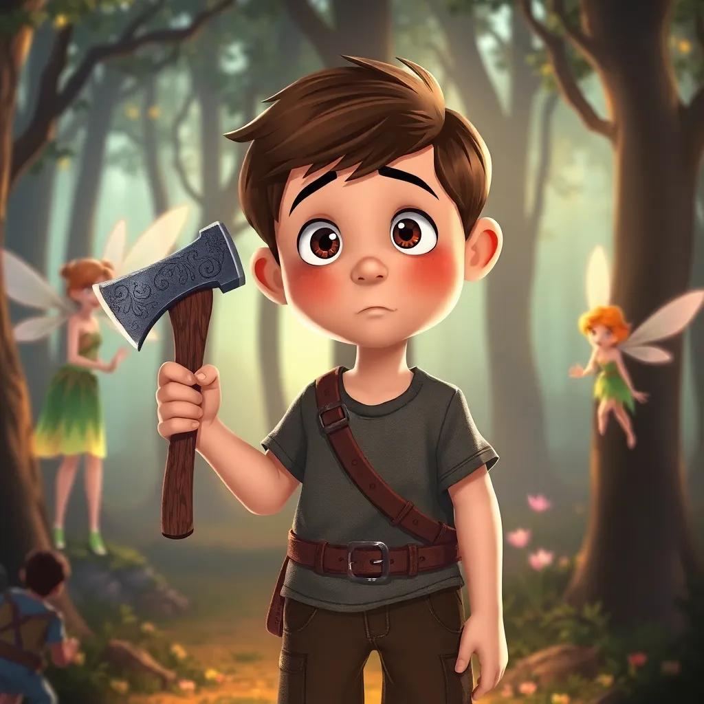 A young boy holding an axe looking confused, standing in front of the fairies in the forest, looking at the fairies, surprised and curious expression, detailed illustration, warm light, engaging scene, child-friendly