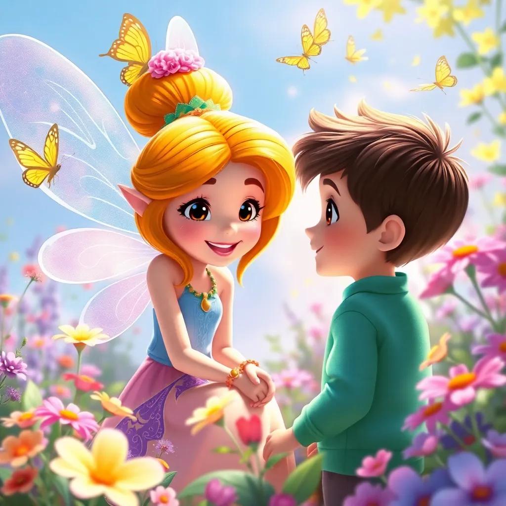 The fairy Riya talking to the boy with a warm smile, surrounded by flowers and plants, butterflies fluttering around, conveying a sense of friendship, bright day, engaging environment, digital painting, colorful and inviting