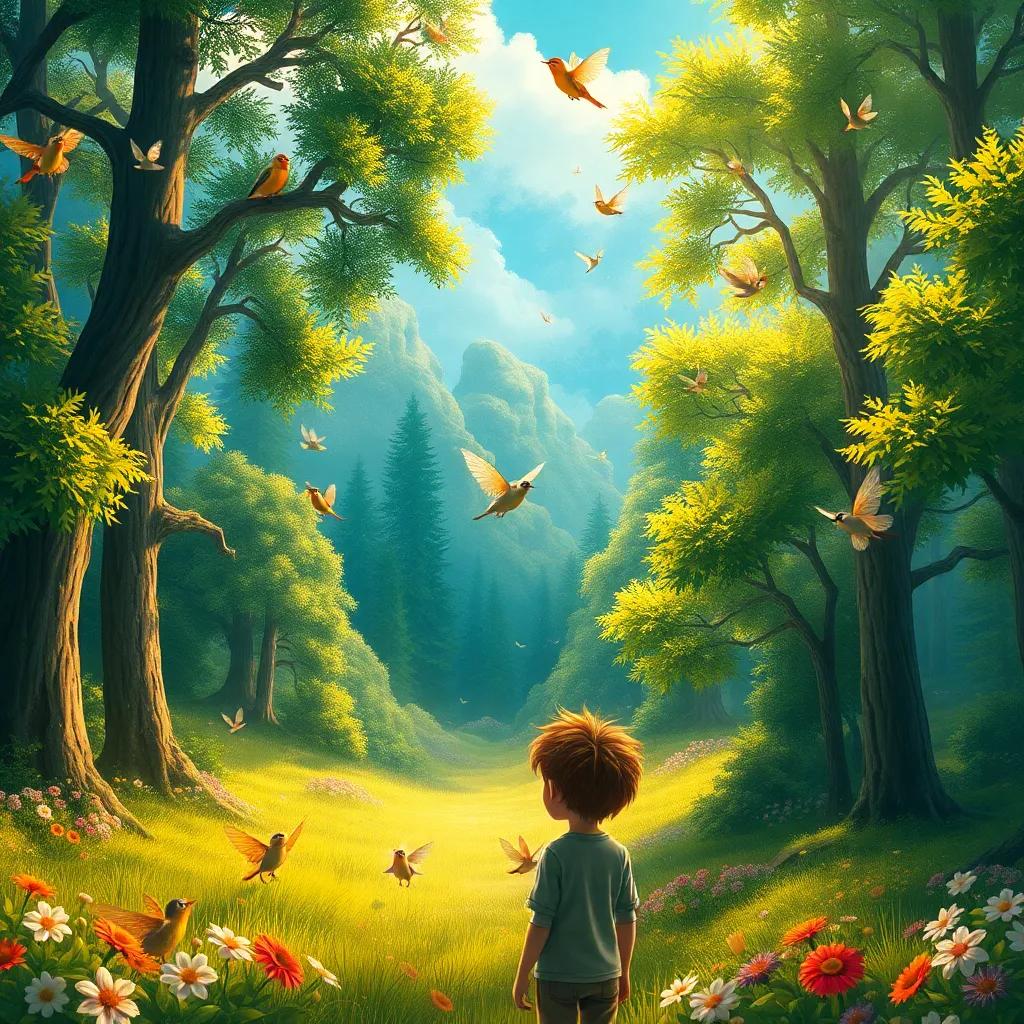 A breathtaking view of the forest filled with trees, birds singing, and the boy and fairies together, the boy is looking amazed at the beauty of nature, harmony in the air, artistic scenery, joyful atmosphere, rich colors
