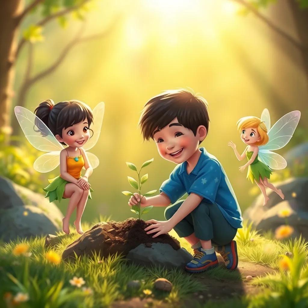 The boy planting a small tree with the fairies encouraging him, sunlight shining down on them creating a hopeful scene, teamwork and friendship, detailed illustration, heartwarming, bright and colorful