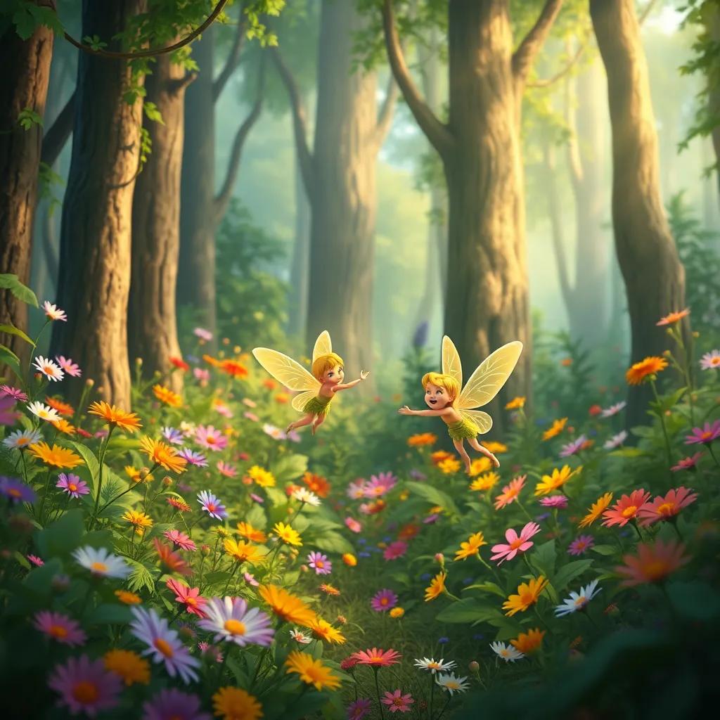 A beautiful enchanted forest with colorful flowers and tall trees, two small fairies with bright wings flying happily among the greenery, digital art, vibrant colors, magical atmosphere, child-friendly.