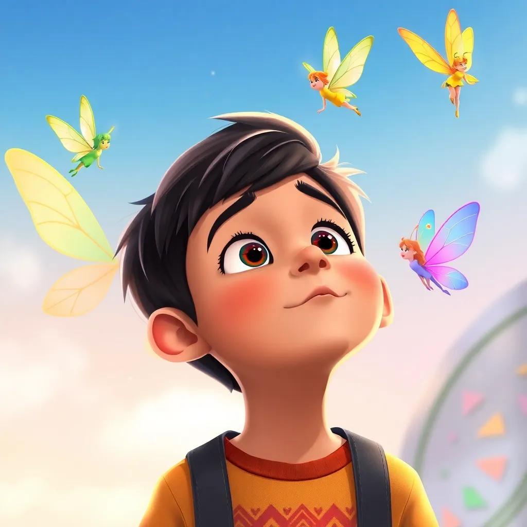 A young boy named Sami looking up at two fairies in the sky, both fairies with bright and colorful wings, a mix of amazement and curiosity on his face, illustration, bright colors, engaging scene, child-friendly.