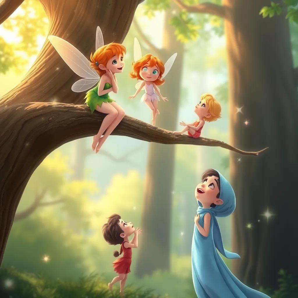 The two fairies singing happily on a tall tree branch, with Sami below looking up in wonder, magical sparkles surrounding them, digital painting, cheerful, warm light, high quality.