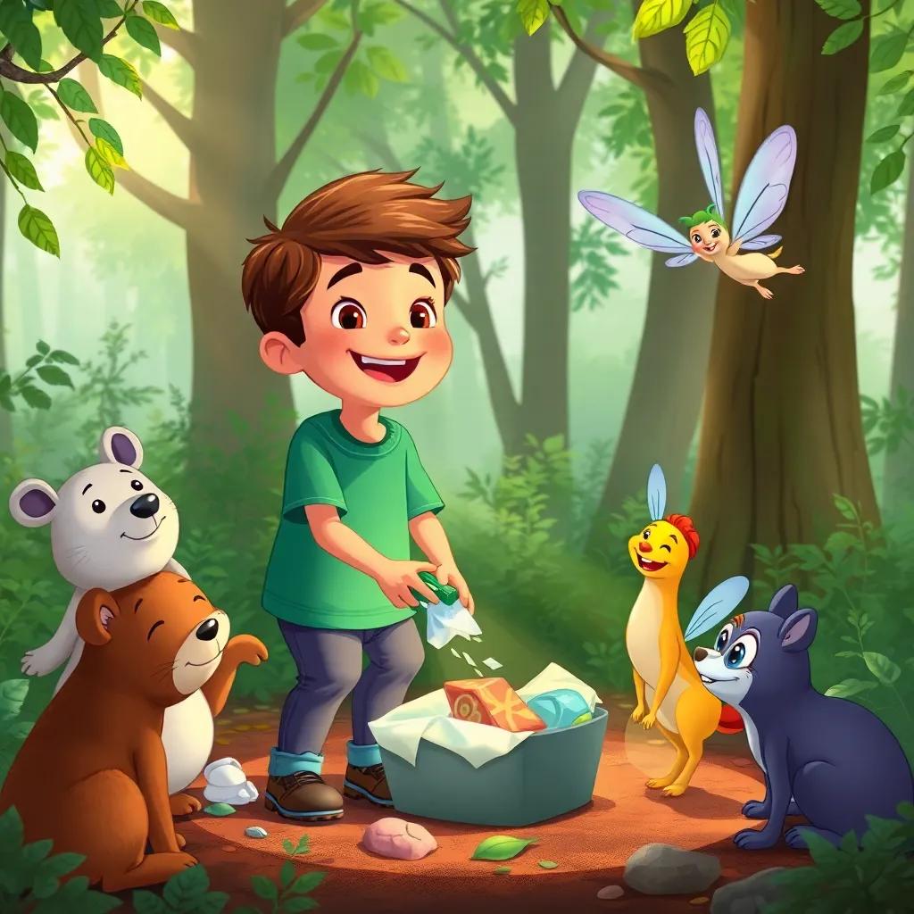 Sami happily picking up trash in the forest, surrounded by animals watching him, the fairies smiling encouragingly as they hover nearby, illustration, vibrant colors, uplifting scene, child-friendly.