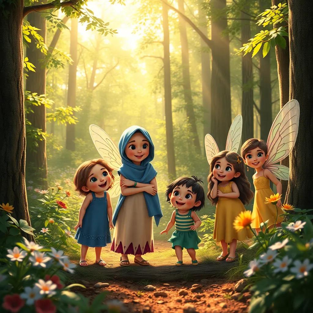 Sami and the fairies together in the forest, surrounded by nature's beauty, a group of children joining them, all smiling and spreading love for the environment, warm sunshine filtering through the trees, digital art, joyful atmosphere.