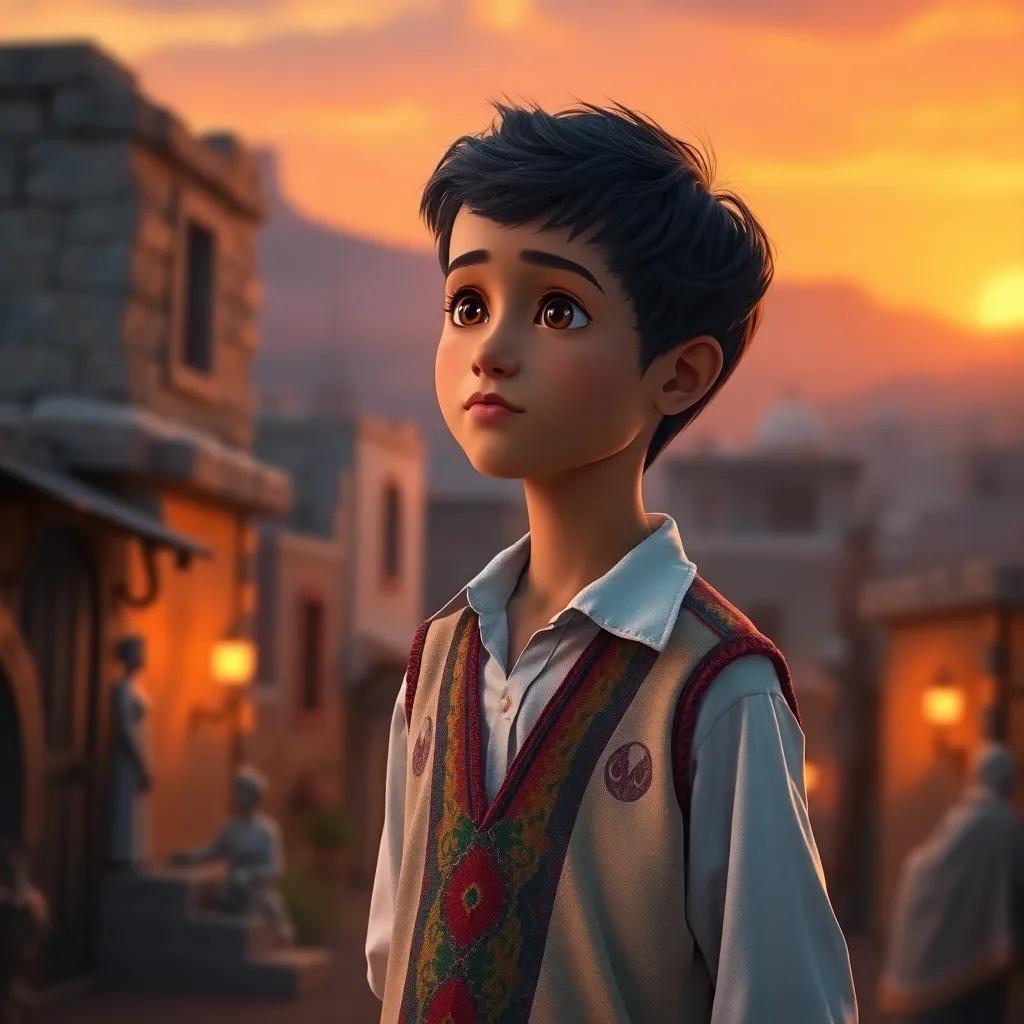 A young Arab boy, Sami, with short black hair, wearing a simple white shirt and a colorful vest, standing at the edge of a village with sad faces, sunset light, warm colors, inviting atmosphere, high quality