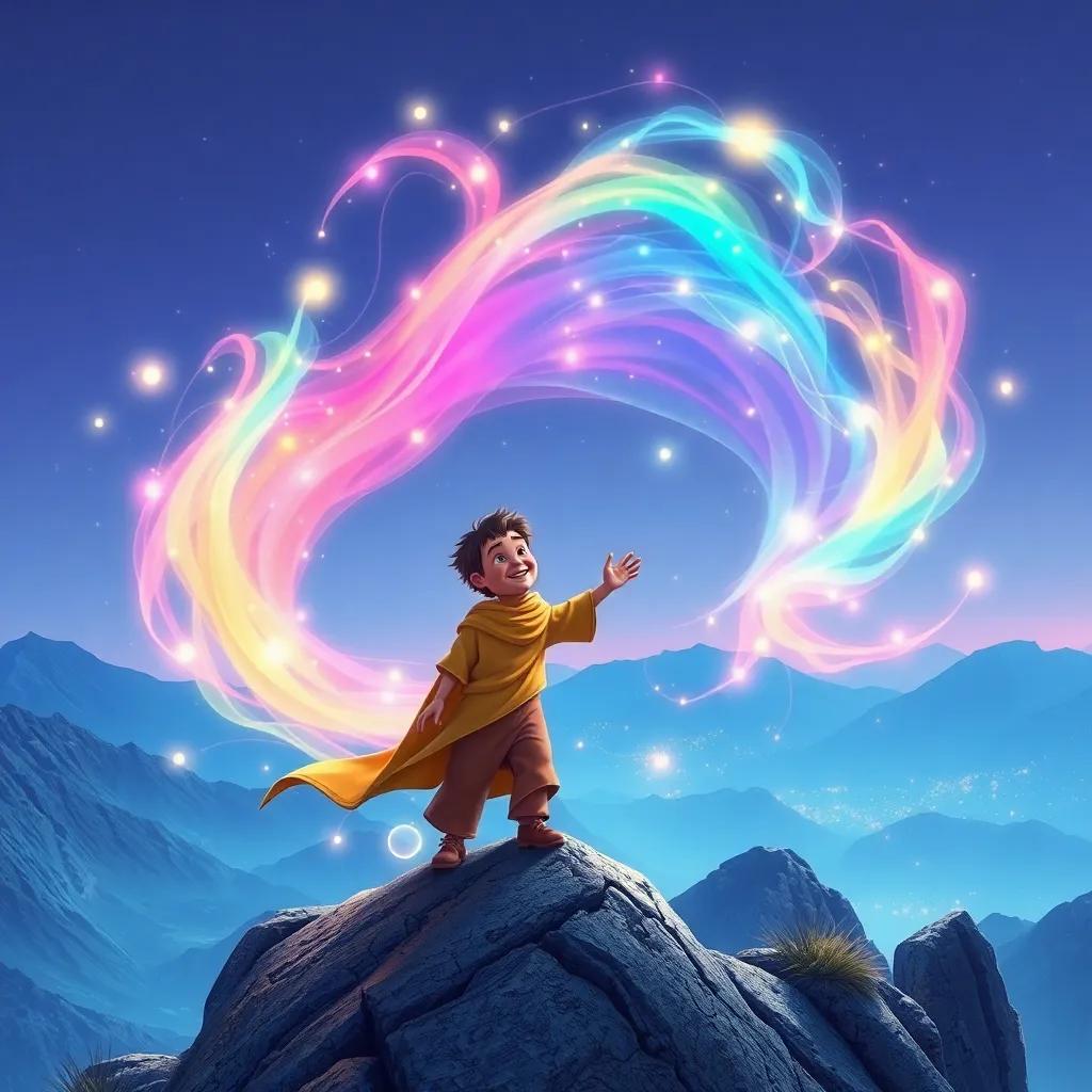 A magical colorful wind appearing as a friendly spirit, swirling around Sami on a high mountain, with sparkling lights and gentle breeze, digital art, cheerful, vibrant, enchanting view, high quality