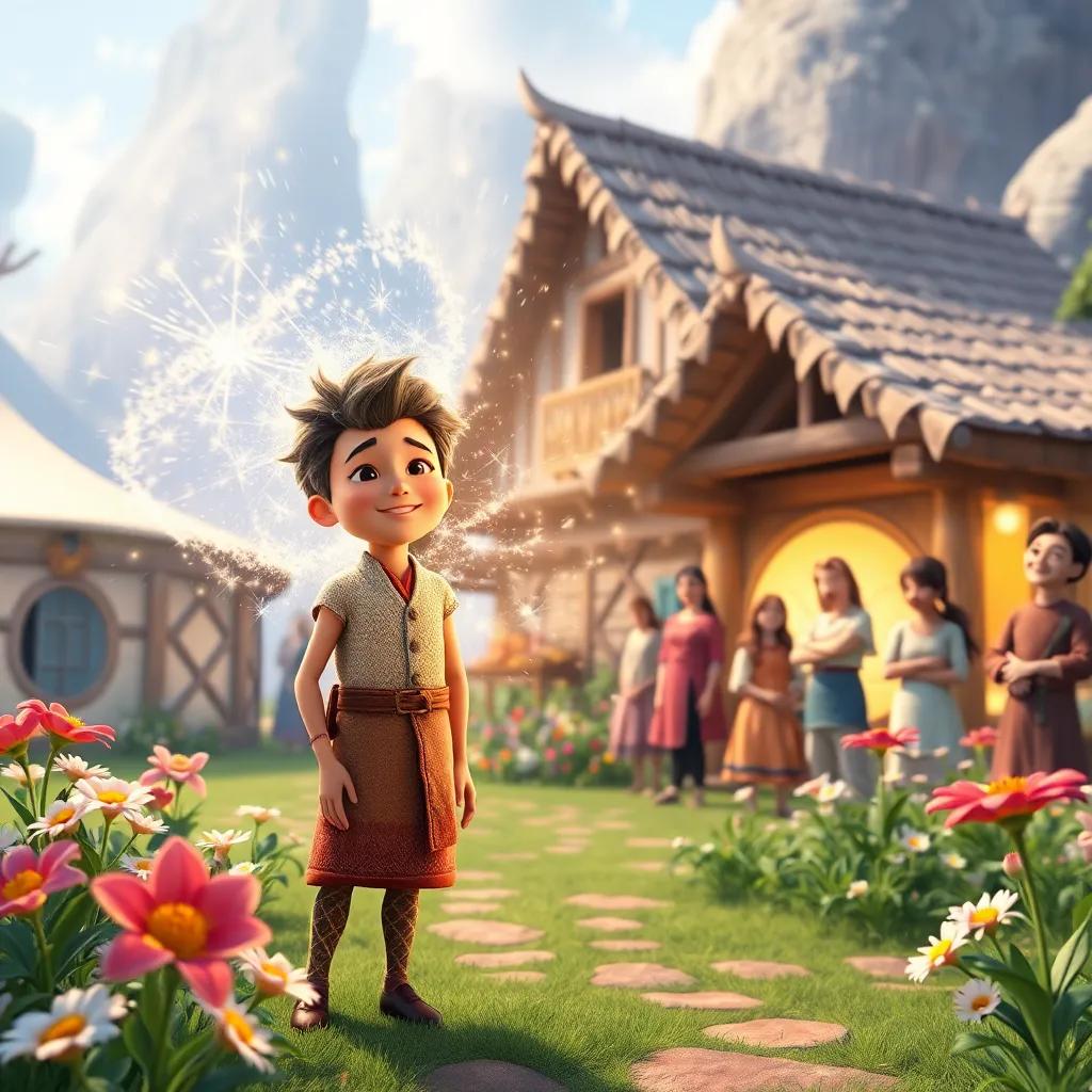 A joyful scene of Sami standing with sparkling wind around him, flowers blooming quickly in village, people smiling, bright colors, happy atmosphere, immersive view, high quality