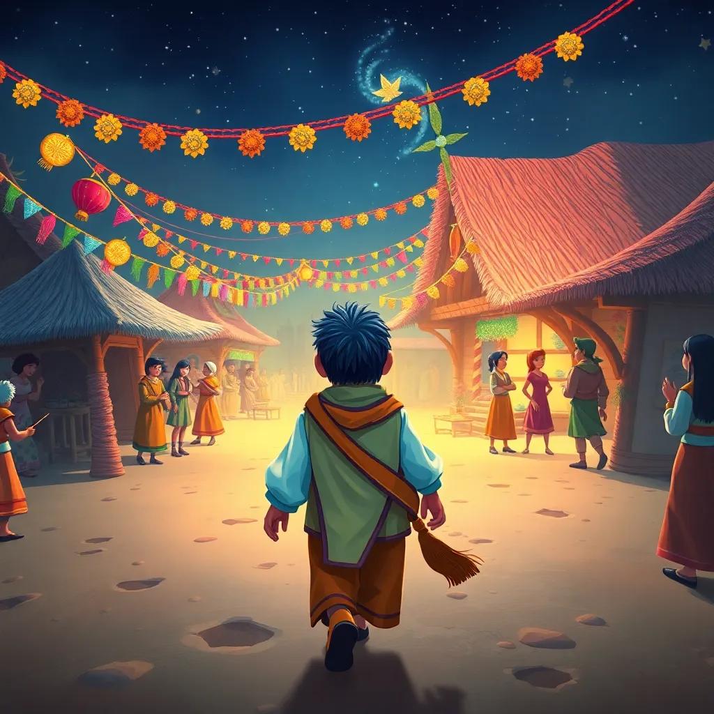 Sami returning to his village with the magical wind, people dancing and celebrating, colorful decorations, festive mood, rich colors, heartwarming perspective, high quality