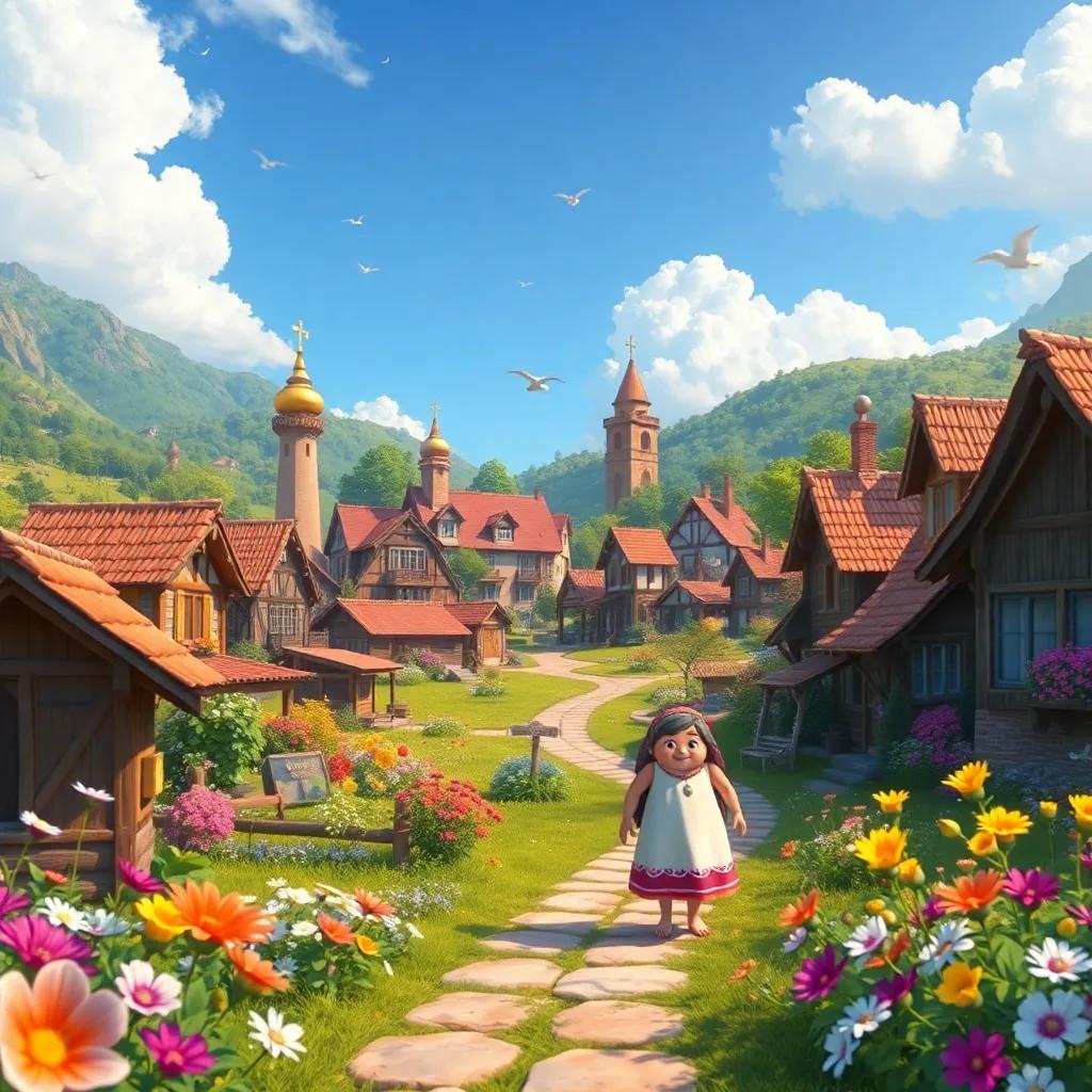 A beautiful village landscape full of colors with Sami smiling, magical winds swirling, bright flowers everywhere, enchantment in the air, dreamy atmosphere, uplifting perspective, high quality
