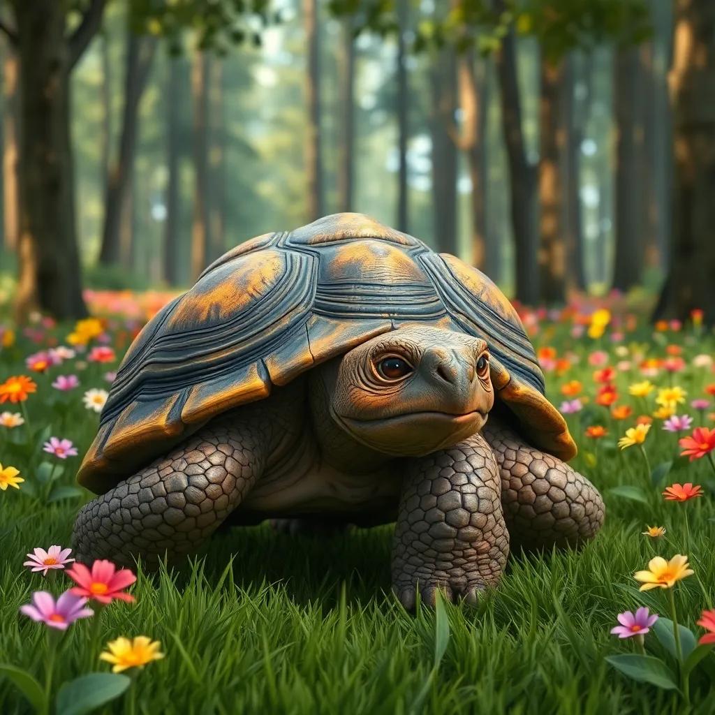 A wise old tortoise, with a weathered shell and gentle eyes, slowly walking through a lush green forest filled with colorful flowers and tall trees, digital art, vibrant colors, inviting atmosphere, high quality