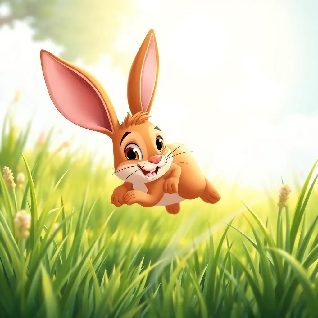 A fast brown rabbit, with big ears and a playful smile, hopping through the grass under the bright sunlight, with a curious look on its face, illustration, cheerful, child-friendly, adventure-themed
