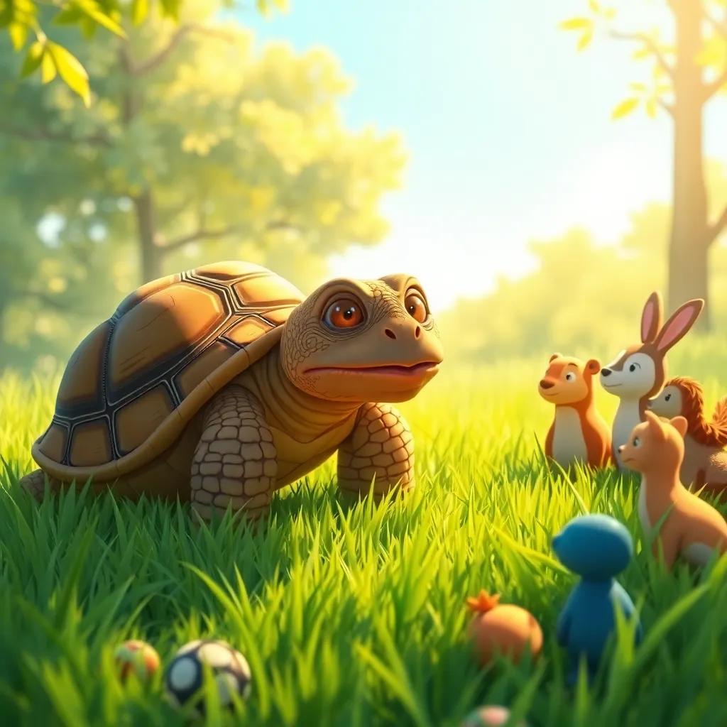 An old tortoise talking calmly to a green grass around it, animals gathering to listen to the wise tortoise's lesson about patience, warm sunlight, serene atmosphere, detailed illustration, friendly