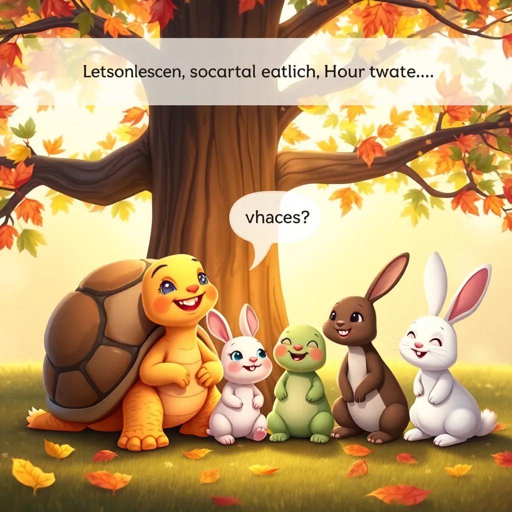 A group of happy little animals, including a tortoise and rabbits, sitting together under a big tree, smiling and talking about the lesson of patience, colorful leaves, warm light, heartwarming