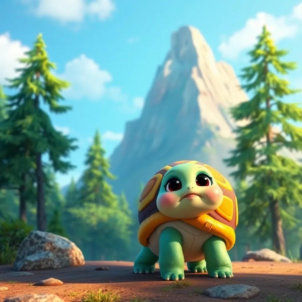 A small turtle named Tala with a colorful shell, standing at the base of a tall mountain surrounded by green trees and a bright blue sky, depicting a hopeful expression, digital art, vibrant colors, cheerful atmosphere, high quality