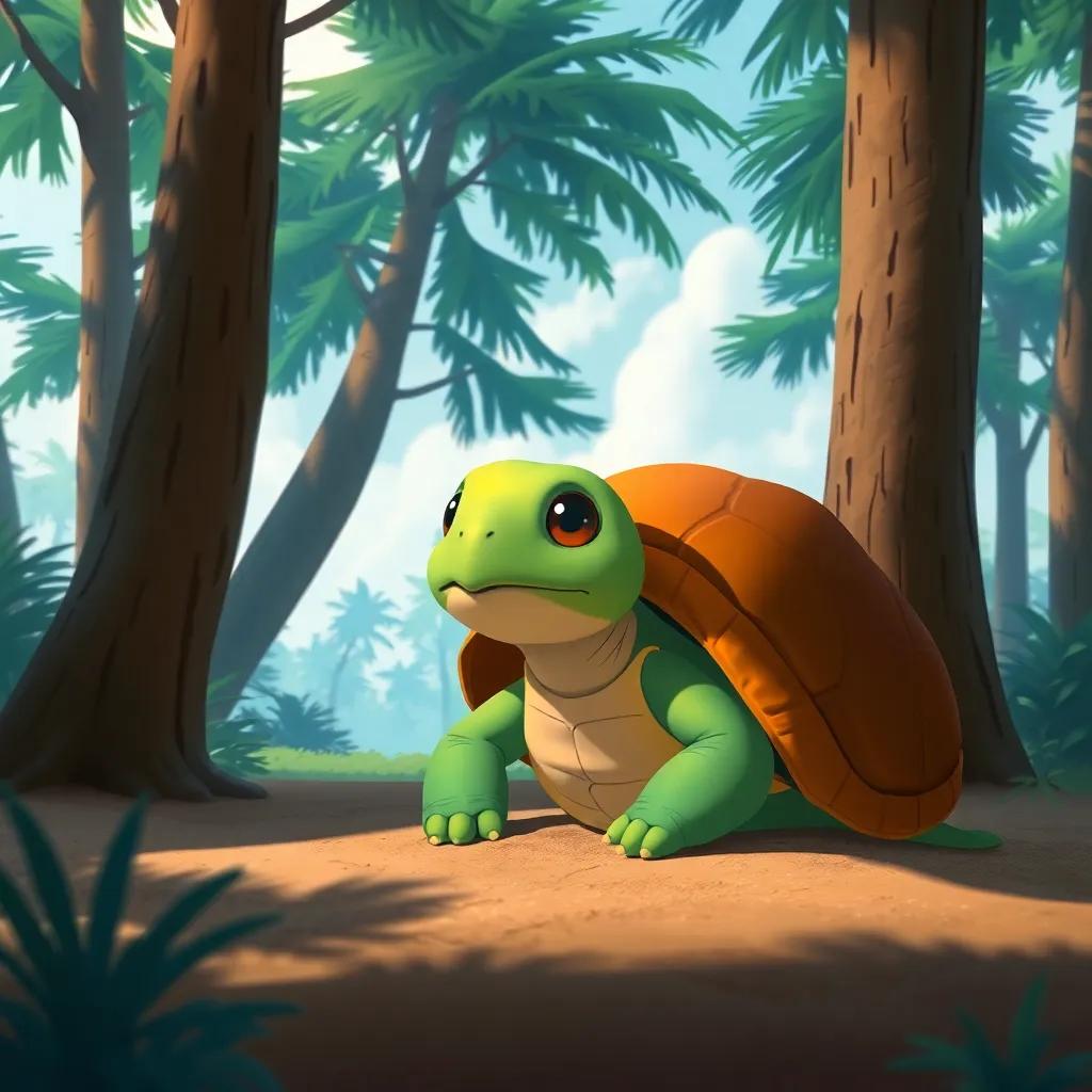 Tala the turtle, using her strong shell, sitting in a sheltered area as strong winds blow through tall trees, waiting patiently for calm weather, colorful depiction, serene setting, high quality