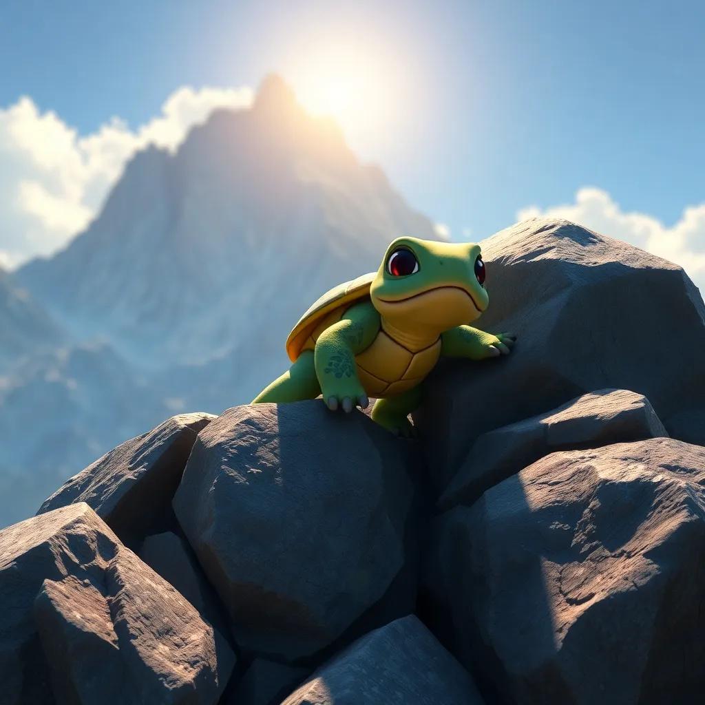 A small turtle named Tala climbing up large rocks with a sense of determination on her face, under the sunlight at the mountain top, feeling accomplished, detailed digital art, uplifting, inspiring colors, high resolution