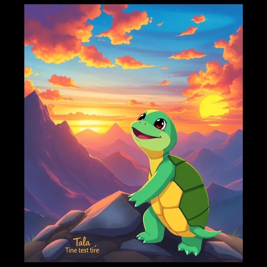 Tala the turtle reaching the mountain summit, smiling widely at the breathtaking view of the sunset, with colorful skies and clouds, representing victory and achievement, heartwarming illustration, rich colors, positive vibes