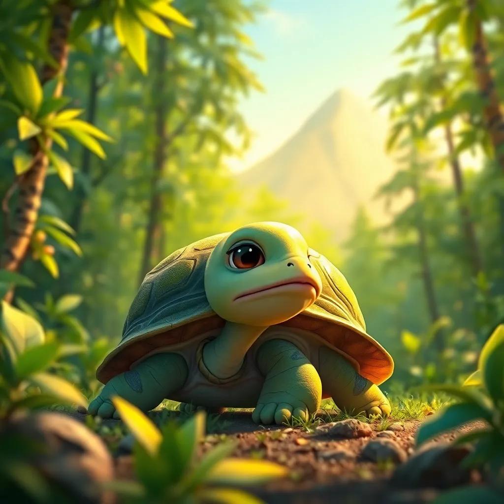 A young turtle named Taha, with a green shell, in a beautiful green forest, dreaming of reaching a mountain peak, digital art, vibrant colors, warm atmosphere, high quality
