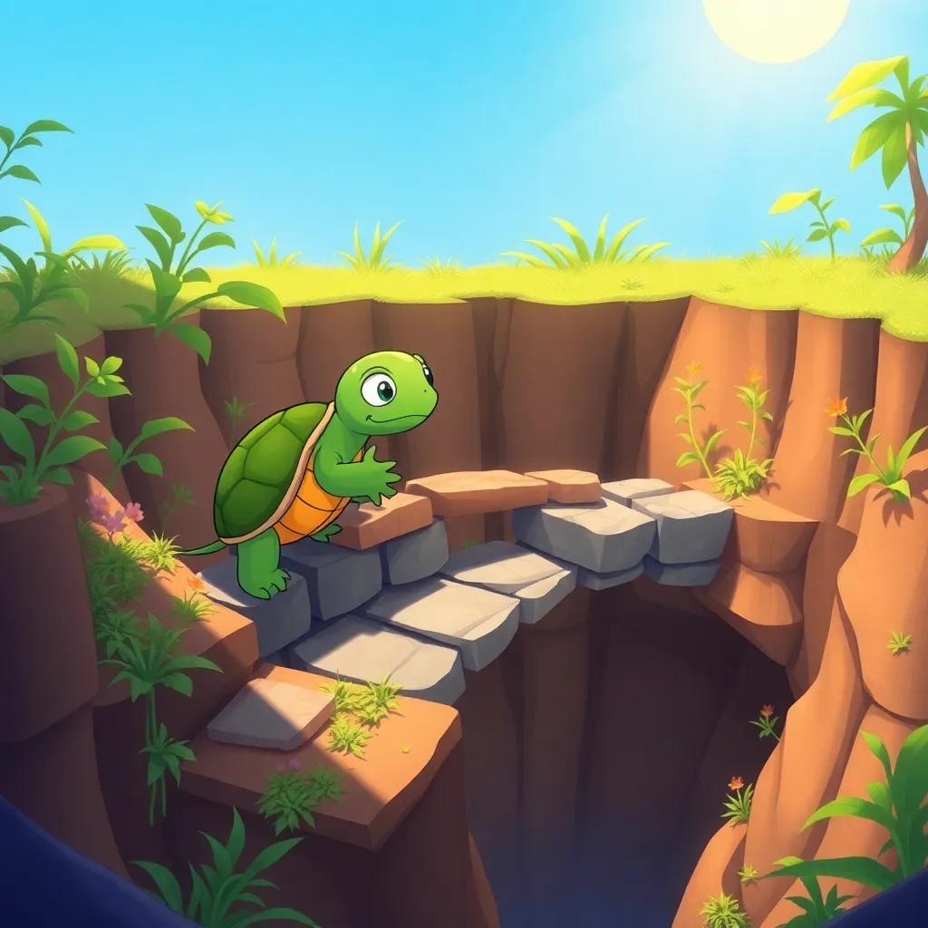 A determined turtle, Taha, carefully building a small bridge out of stones to cross a big pit, surrounded by green plants and bright sunlight, illustration, cheerful, adventure-themed