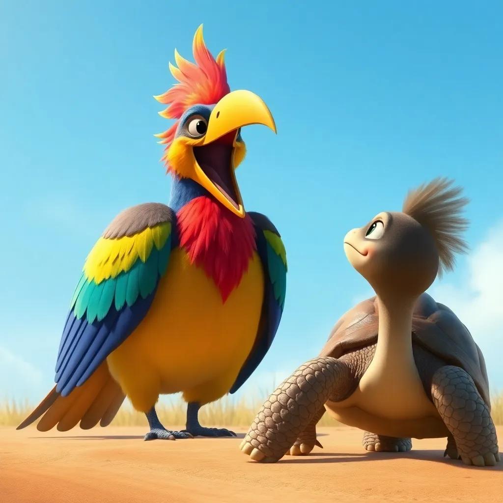 A large bird with colorful feathers shouting at Taha the turtle, who remains focused on her goal, background of a clear blue sky, digital painting, realistic, uplifting
