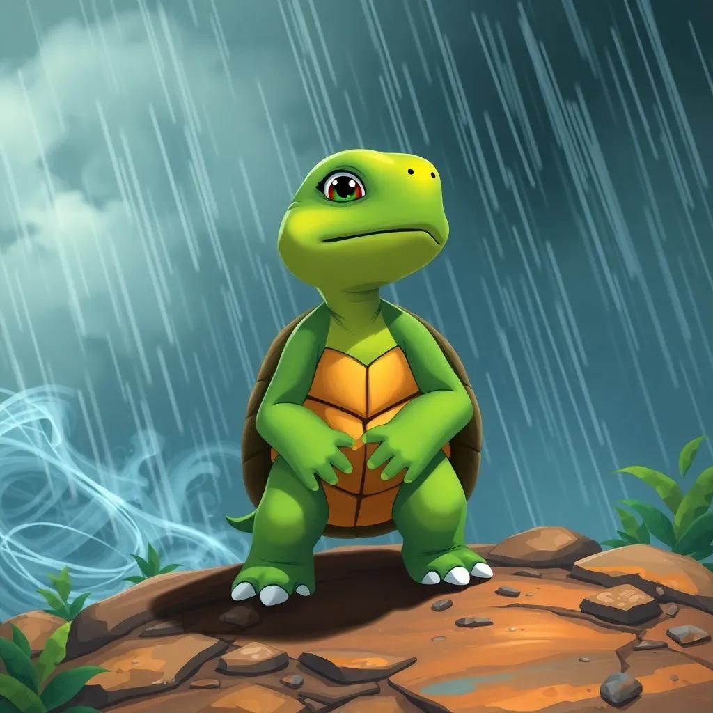 Taha the turtle persevering through strong winds and rain, with determination on her face, standing firm on a rocky path, colorfully illustrated, strong and encouraging imagery