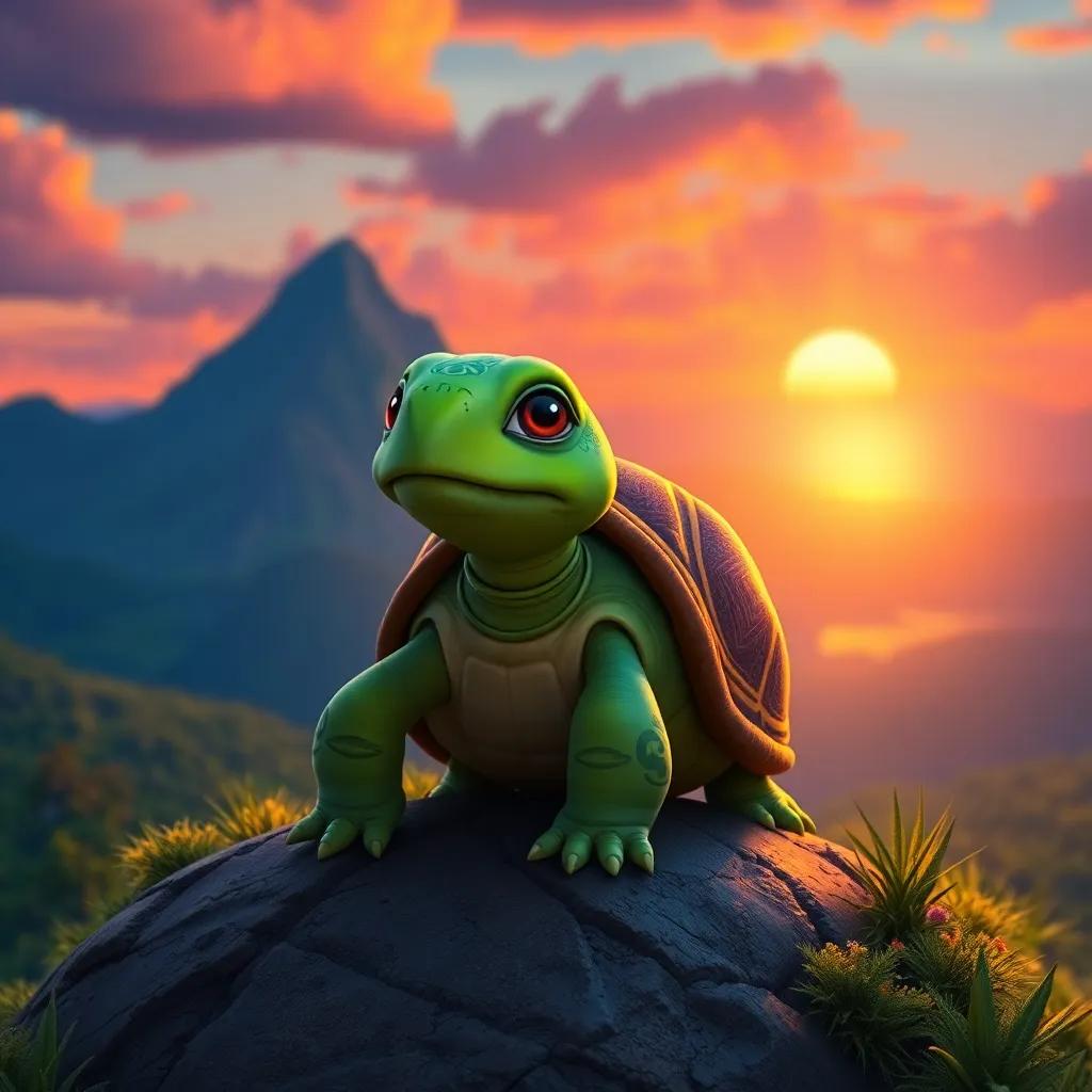 Taha the turtle finally reaching the top of the mountain, looking proud and happy with a sunset in the background, surrounded by scenic views, heartwarming, vibrant colors, uplifting imagery