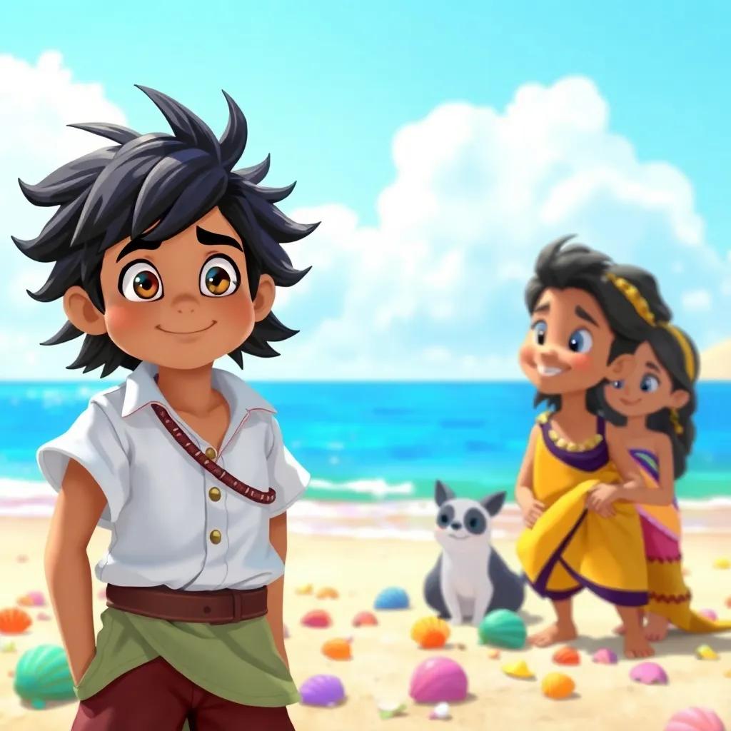 A brave young sailor, Sindbad, with dark hair and a white shirt, standing on a sunny beach with his friends beside him, colorful seashells scattered around, digital art, bright colors, cheerful atmosphere, high quality