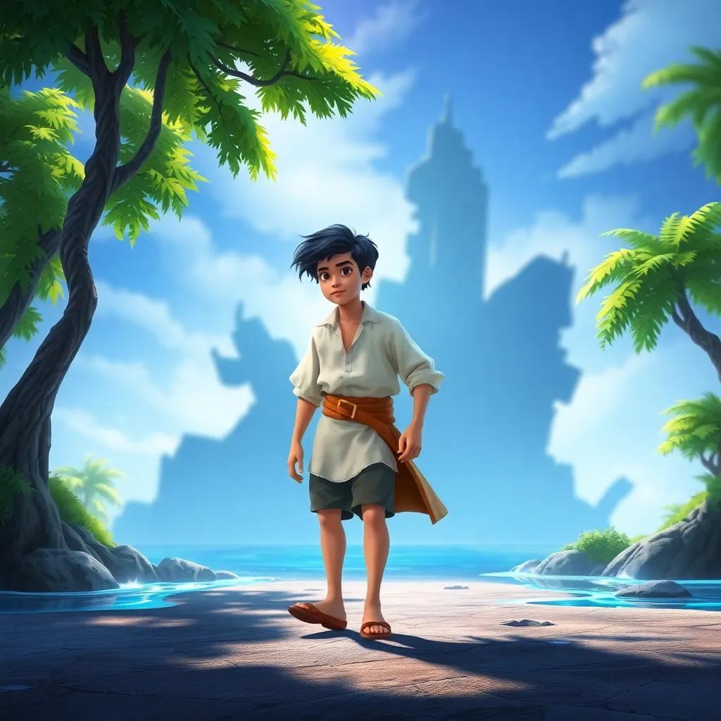 Sindbad, the young sailor, with dark hair and a white shirt, walking on the strange island, green trees and mysterious shadows in the background, digital art, fantasy, magical, vibrant colors, high quality