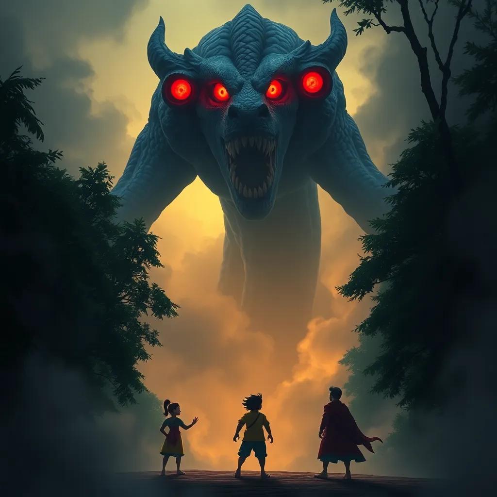 A giant monster with three heads and red eyes rising from the trees, Sindbad and his friends looking astonished but determined, swirling mist around, digital art, dramatic scene, dark colors, high quality