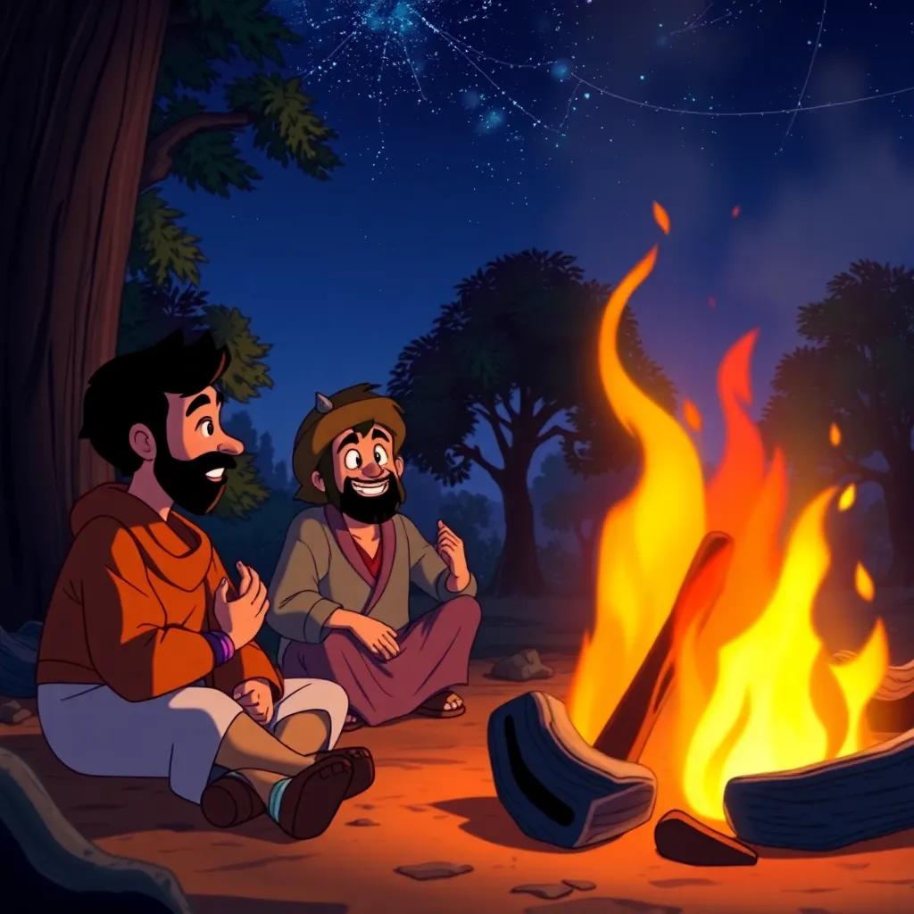 Sindbad, the young sailor, planning with his friends beside a big fire, using clever expressions, trees and the night sky in the background, digital art, warm colors, intense atmosphere, high quality