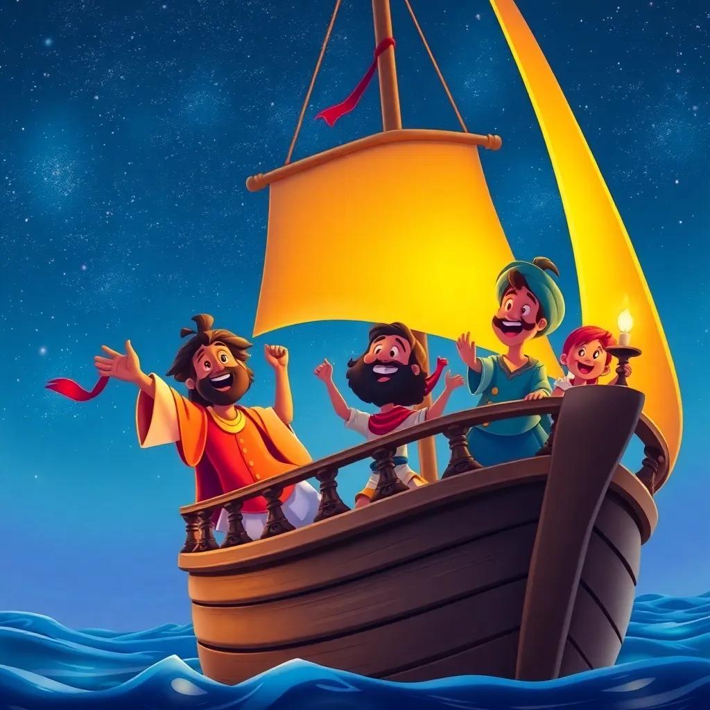 Sindbad, the young sailor, with his friends on the ship, celebrating their adventure under a starry sky, singing joyfully, digital art, lively colors, happy feeling, high quality