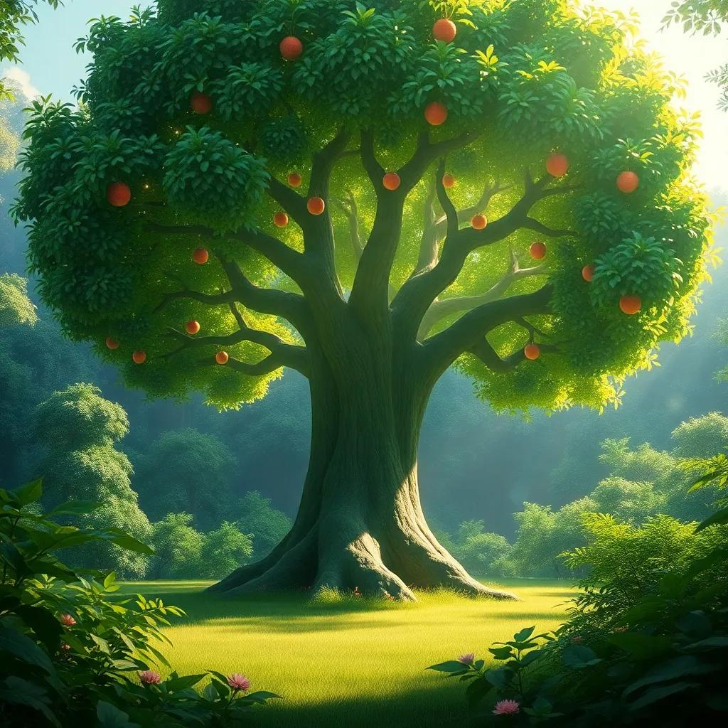 A large, magical tree standing in the middle of a lush green forest with sparkling fruits, bright sunlight filtering through the leaves, enchanting atmosphere, high quality
